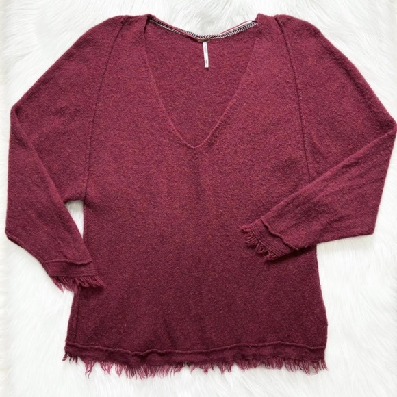 SOLD-Free People Fringe Hem Cranberry Raglan Crochet Knit Pullover Wool Sweater - Picture 4 of 9